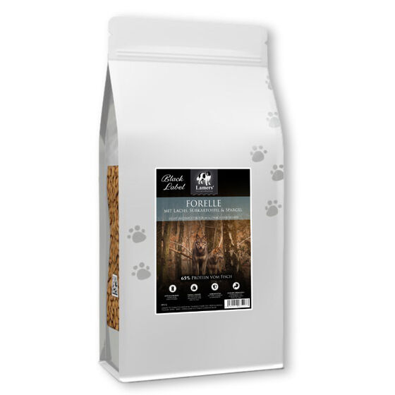 Lamers Black Label Light, Forelle mit Lachs, Süßkartoffel & Spargel, getreidefreies Light-Trockenfutter für ausgewachsene Hunde