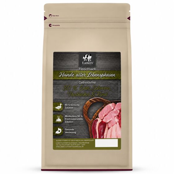 Lamers Fleischsack 80 % Ente, Schwein, Truthahn & Rind Hunde-Trockenfutter Getreidefrei