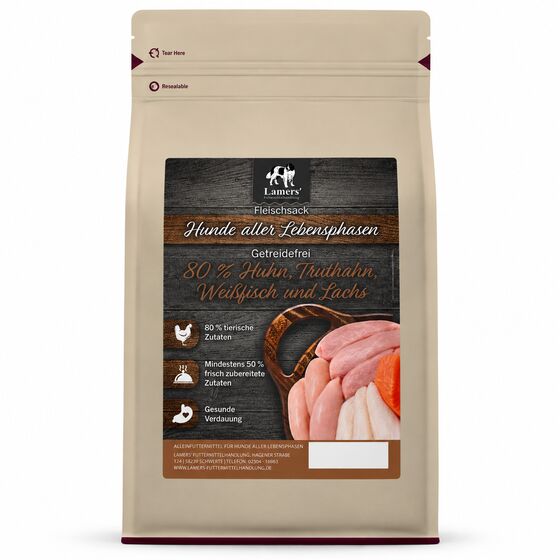 Lamers Fleischsack 80 % Huhn, Truthahn, Weißfisch und Lachs Hunde-Trockenfutter Getreidefrei