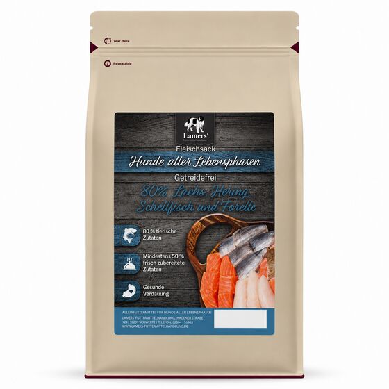 Lamers Fleischsack 80% Lachs, Hering, Schellfisch und Forelle Hunde-Trockenfutter Getreidefrei